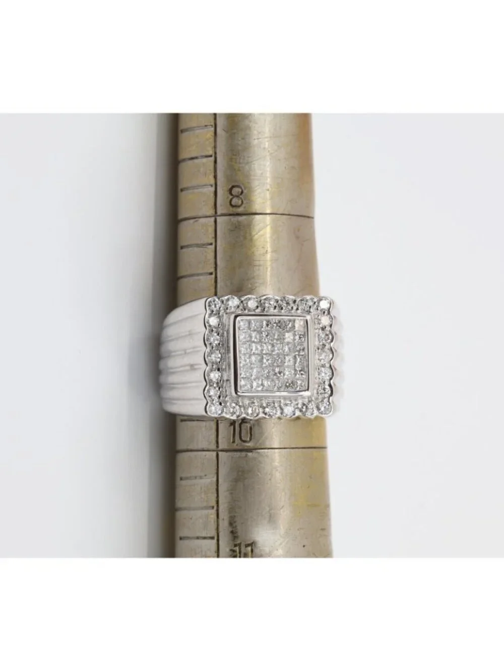 14K Solid White Gold Princess Cut Diamond Cluster Halo Men's Ring - Size 9.25